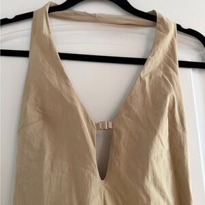 Zara Beige Halter with Deep V-Neck Midi Dress